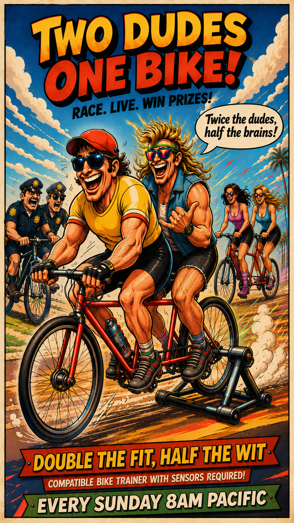 Two Dudes One Bike — vintage comic poster art